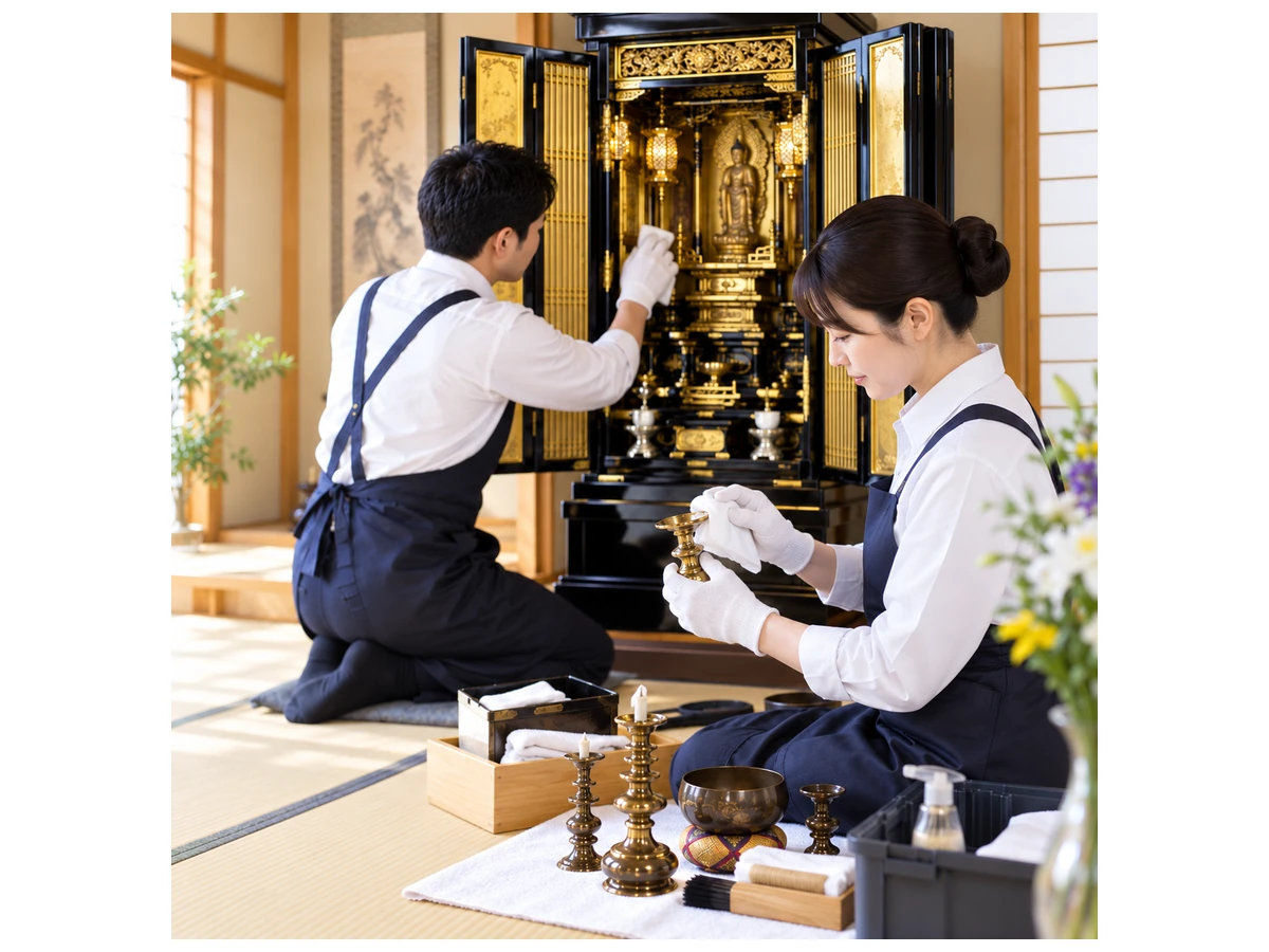 仏壇と仏具のお手入れをする作業のイメージ